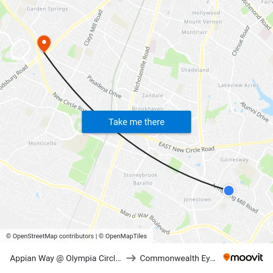 Appian Way @ Olympia Circle Outbound to Commonwealth Eye Surgery map