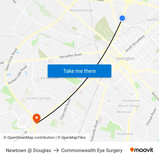 Newtown @ Douglas to Commonwealth Eye Surgery map