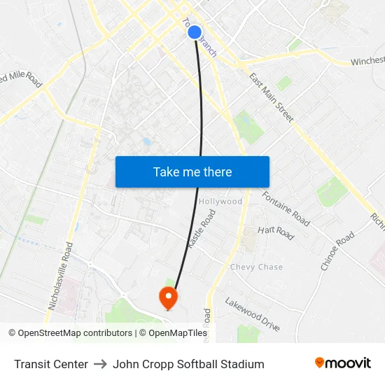 Transit Center to John Cropp Softball Stadium map