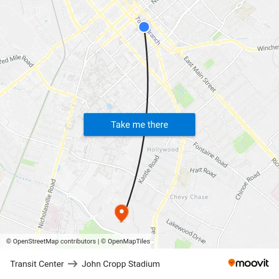 Transit Center to John Cropp Stadium map