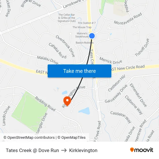 Tates Creek @ Dove Run to Kirklevington map