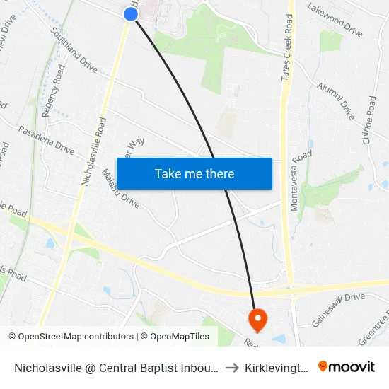 Nicholasville @ Central Baptist Inbound to Kirklevington map