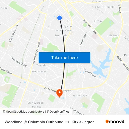 Woodland @ Columbia Outbound to Kirklevington map