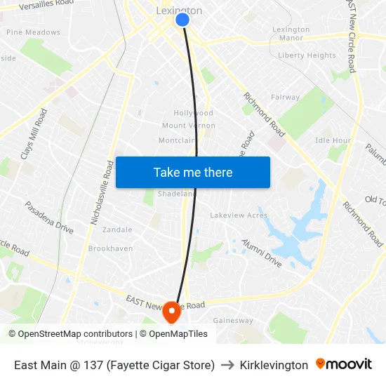 East Main @ 137 (Fayette Cigar Store) to Kirklevington map