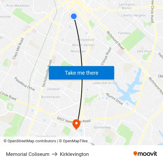 Memorial Coliseum to Kirklevington map