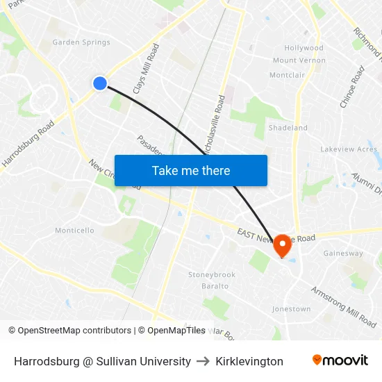 Harrodsburg @ Sullivan University to Kirklevington map