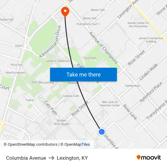 Columbia Avenue to Lexington, KY map