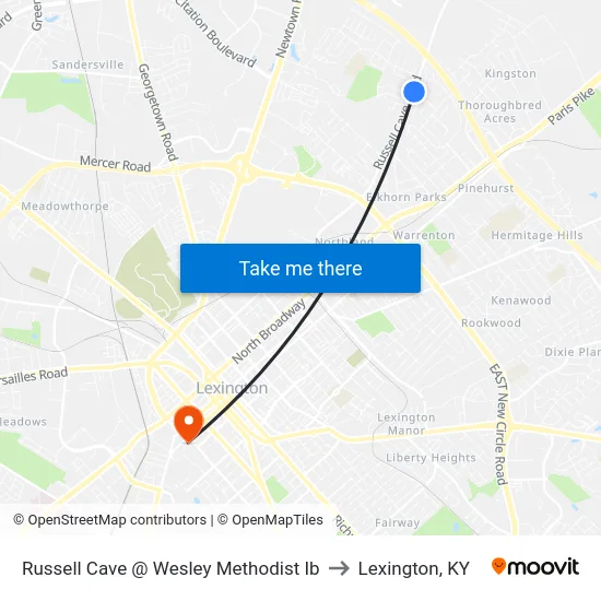 Russell Cave @ Wesley Methodist Ib to Lexington, KY map
