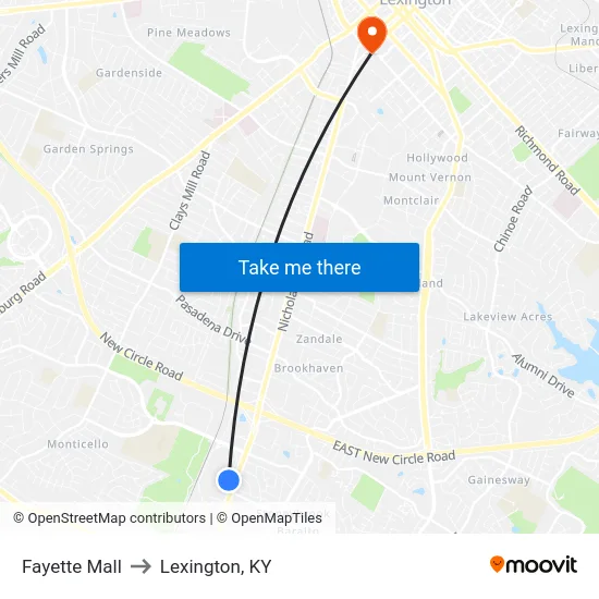 Fayette Mall to Lexington, KY map