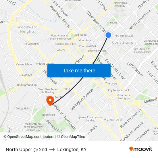 North Upper @ 2nd to Lexington, KY map