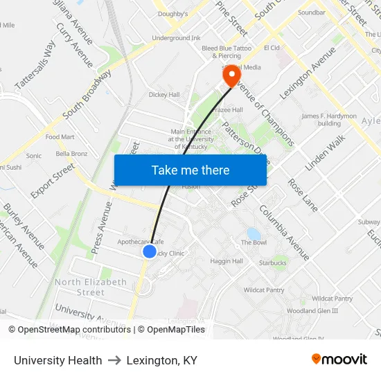 University Health to Lexington, KY map