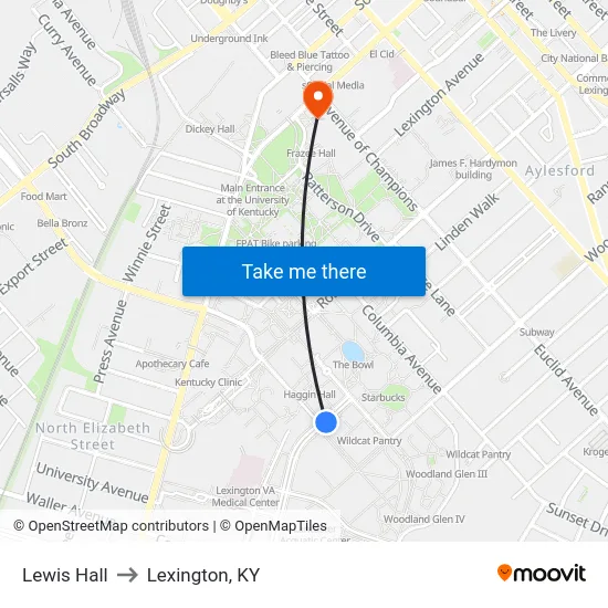 Lewis Hall to Lexington, KY map