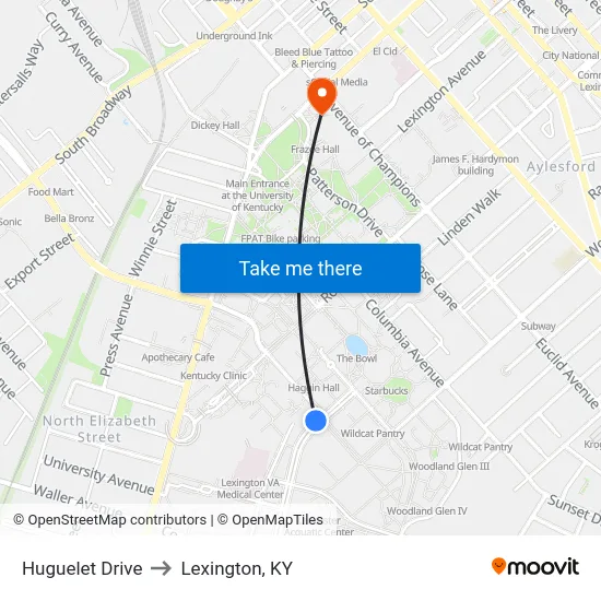 Huguelet Drive to Lexington, KY map