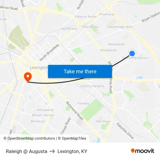 Raleigh @ Augusta to Lexington, KY map