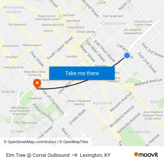 Elm Tree @ Corral Outbound to Lexington, KY map