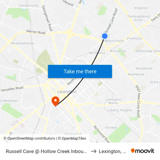 Russell Cave @ Hollow Creek Inbound to Lexington, KY map