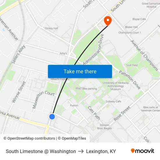 South Limestone @ Washington to Lexington, KY map