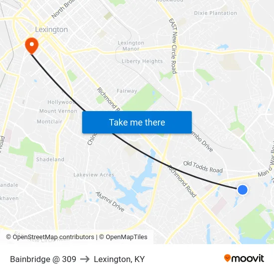 Bainbridge @ 309 to Lexington, KY map