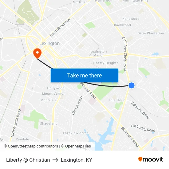 Liberty @ Christian to Lexington, KY map