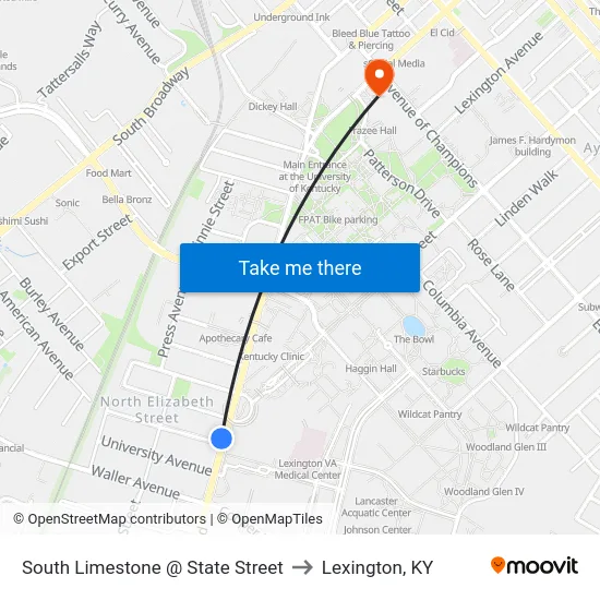 South Limestone @ State Street to Lexington, KY map