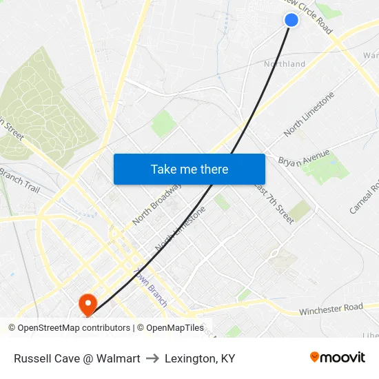 Russell Cave @ Walmart to Lexington, KY map