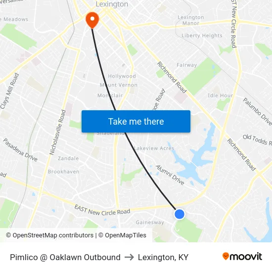 Pimlico @ Oaklawn Outbound to Lexington, KY map