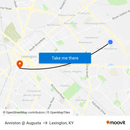Anniston @ Augusta to Lexington, KY map