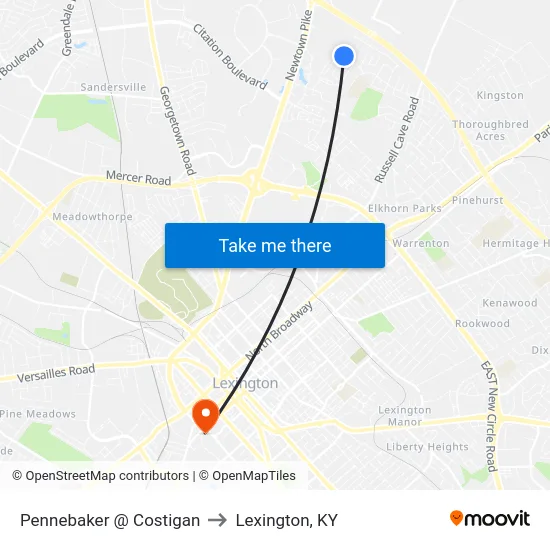 Costigan @ Pennebaker to Lexington, KY map