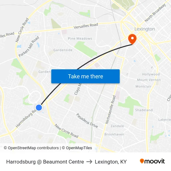 Harrodsburg @ Beaumont Centre to Lexington, KY map