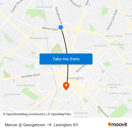 Mercer @ Georgetown to Lexington, KY map