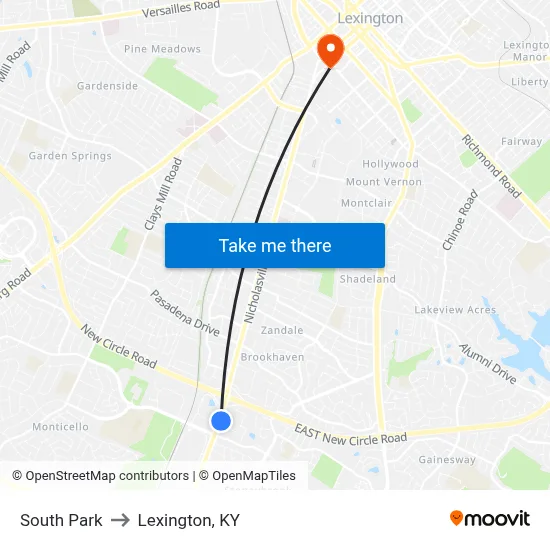 South Park to Lexington, KY map