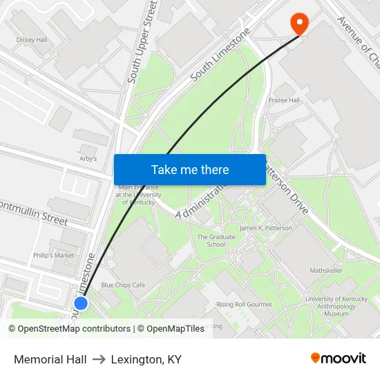Memorial Hall to Lexington, KY map