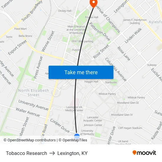 Tobacco Research to Lexington, KY map