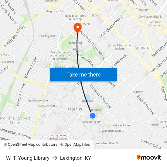 W. T. Young Library to Lexington, KY map