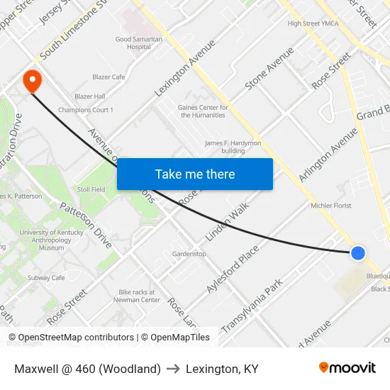 Maxwell @ 460 (Woodland) to Lexington, KY map