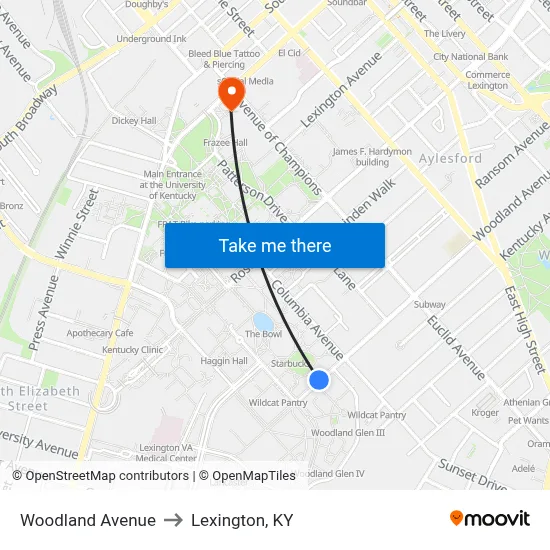 Woodland Avenue to Lexington, KY map