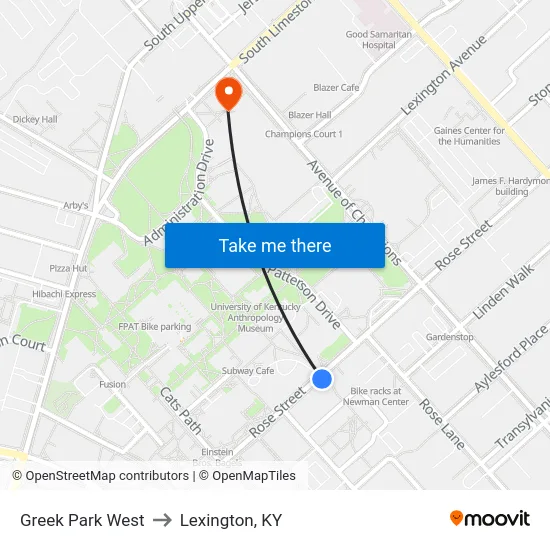 Greek Park West to Lexington, KY map
