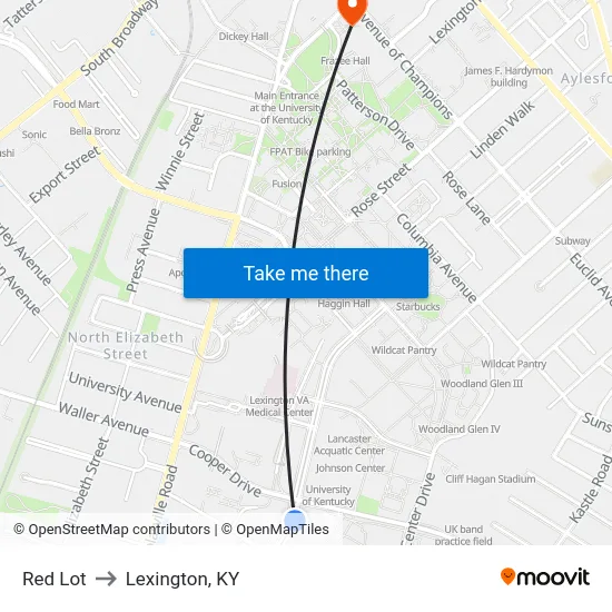 Red Lot to Lexington, KY map