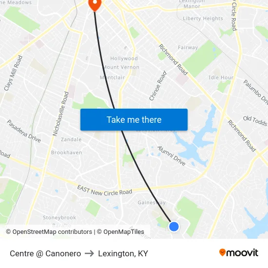 Centre @ Canonero to Lexington, KY map