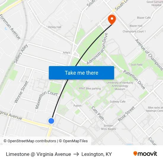 Limestone @ Virginia Avenue to Lexington, KY map