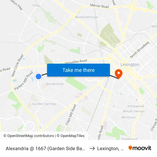 Alexandria @ 1667 (Gardenside Bapt) to Lexington, KY map
