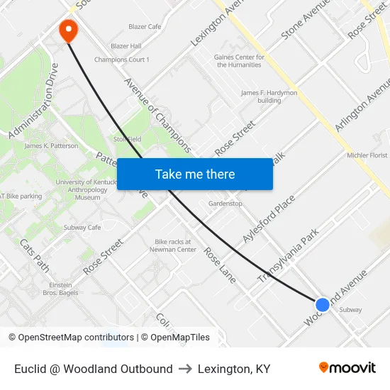 Euclid @ Woodland Outbound to Lexington, KY map