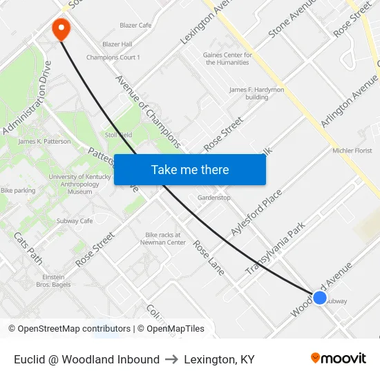 Euclid @ Woodland Inbound to Lexington, KY map
