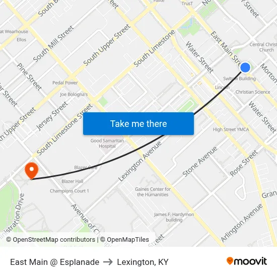 East Main @ Esplanade to Lexington, KY map