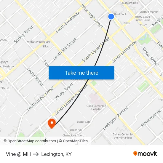 Vine @ Mill to Lexington, KY map
