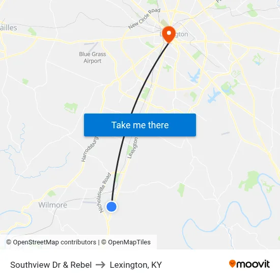 Southview Dr & Rebel to Lexington, KY map