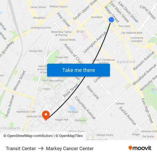 Transit Center to Markey Cancer Center map