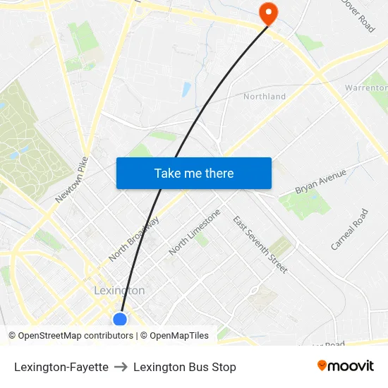 Lexington-Fayette to Lexington Bus Stop map