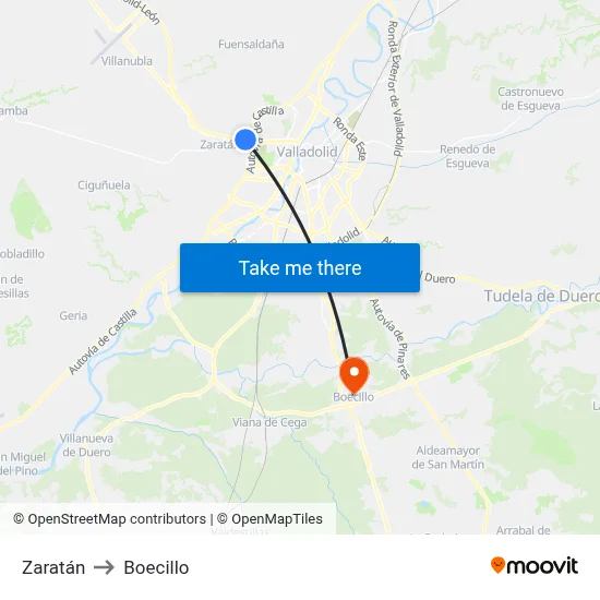 Zaratán to Boecillo map