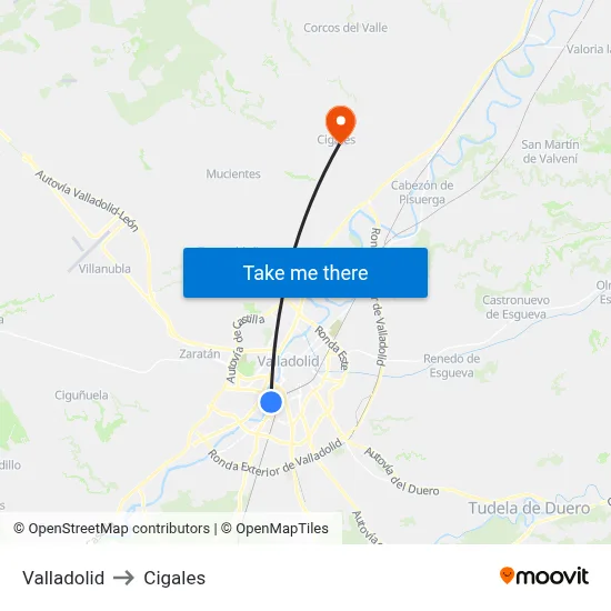 Valladolid to Cigales map
